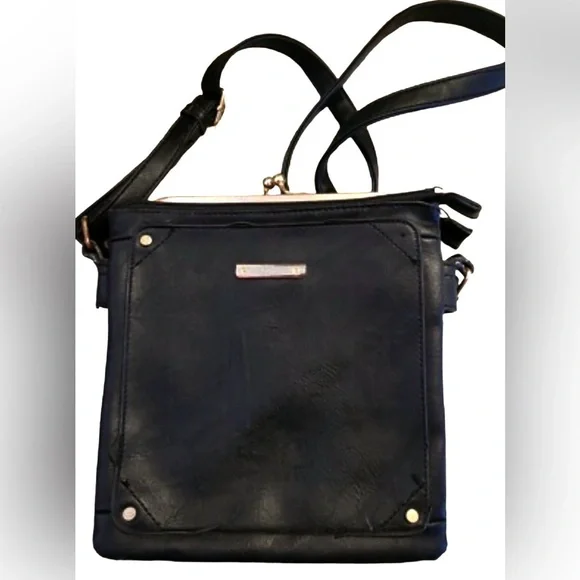 VINTAGE Women’s Black Leather Crossbody
Handbag/Purse with Kiss-Lock Top - Picture 1 of 12
